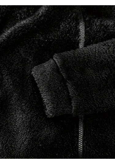 Munn Collection Kadın Uzun Kollu Kapişon Ve Fermuar Detaylı Peluş Şort Tulum Siyah