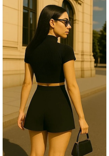Çelik Kumaş Mini Yırtmaç Detaylı Likralı Şort Etek Siyah