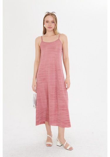 Gülkurusu Kadın Askılı Piliseli Elbise Gül Kurusu