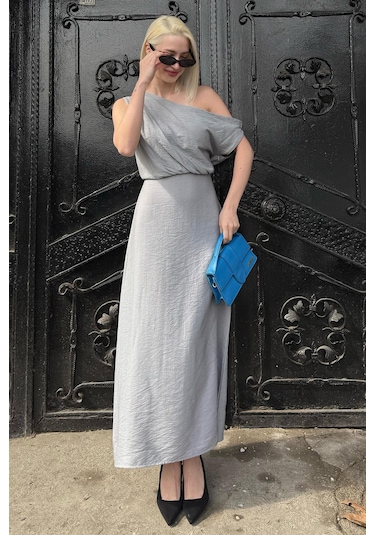 Madmext Madmext Gri Düşük Omuz Elbise Mg2349 Gri
