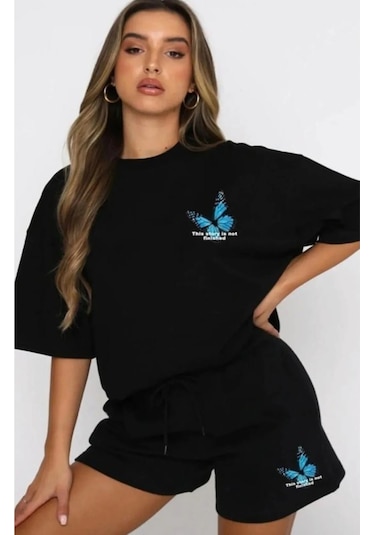 Zeo Giyim Kadın Alt Üst Siyah Kelebek Baskılı Şort Tshirt Kombini Siyah