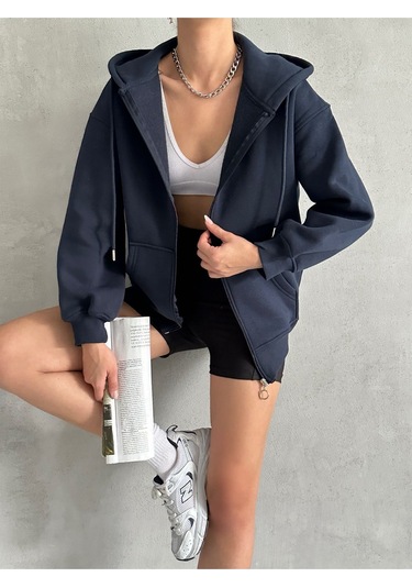 Kadın Fermuarlı Oversize Sweat Hırka Lacivert