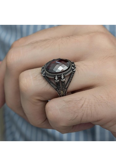 Oval Kırmızı Taşlı 925 Gümüş Erkek Yüzük