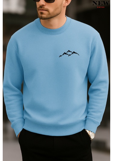 Dağ Baskılı Bisiklet Yaka Sweatshirt Bebe Mavisi