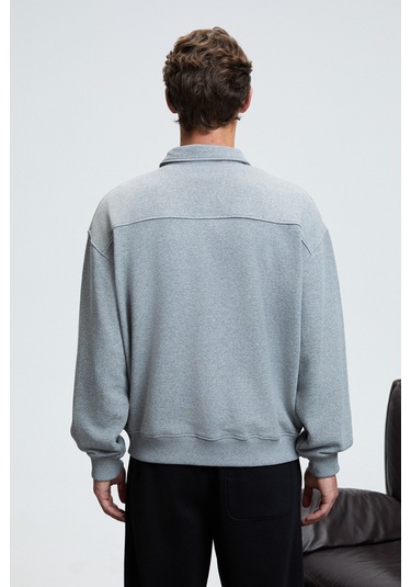 AUGUST Erkek %100 Pamuk Yarım Fermuarlı Yakalı Cepli Süs Etiketli Grimelanj Sweatshirt