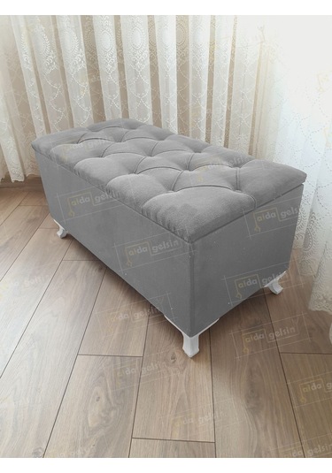 Lüks Sandıklı Kapitoneli Ayakucu Puf Bench 90 Cm Beyaz Ayak Yeşil