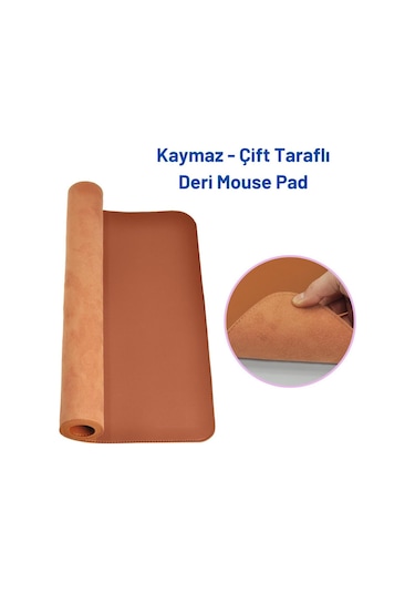 Deri Mouse Pad Dikişli Kenar Çift Yönlü Kullanım Masa Matı Sümen 70x30 L Kahverengi