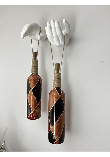 Heykel El Dekorlu Led Işıklı Kahverengi Vitray Cam Şarap Şişesi A Çok Renkli