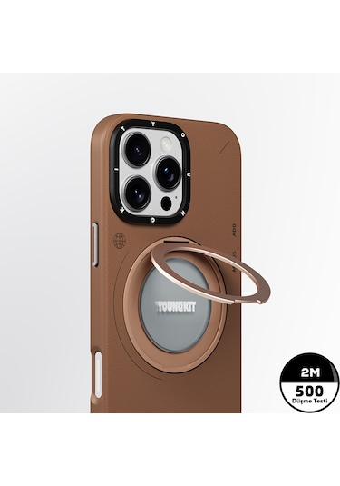 iPhone Uyumlu 16 Pro Max Kılıf Magsafe Özellikli 360 Standlı Deri Desenli Youngkit Tech Leather Serisi