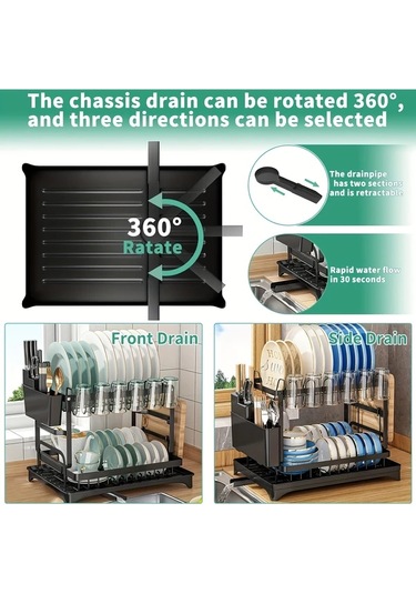 Honeybeeshop Siyah 2 Katlı Karbon Çelik Bulaşık Rafı Süzgeç Mutfak Eşyaları Tutucu Ve Bardak Askılı Siyah