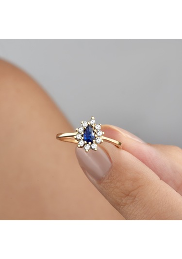 14 Ayar Mikron Altın Kaplama Safir Taşlı Damla Halo Yüzük Vintage Stil - Rs00116 Altın
