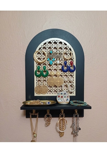 Rattan Rattan Desenli,Anahtar Askılıklı Raflı Duvar Organizeri Siyah