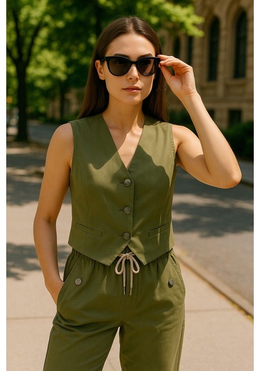 Keten Takım - Haki Yelek & Pantolon İkili Kombin - Modern Fit Yazlık Şık Takım Çok Renkli