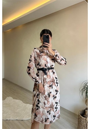 Neşeli Butik Kadın Desenli Gömlek Yaka Midi Elbise Nm011 Bej