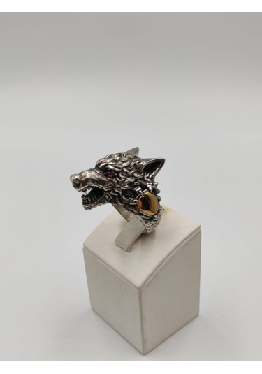 Kurt Kafası Mor Taşlı Erkek Yüzüğü 25 Mm 925 Ayar Gümüş Yüzük