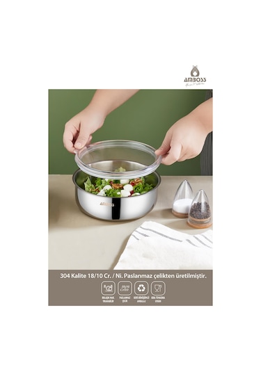 Amboss Steelbox 2 Parça Paslanmaz Çelik Şeffaf Kapaklı Saklama Kabı 18 Cm gri