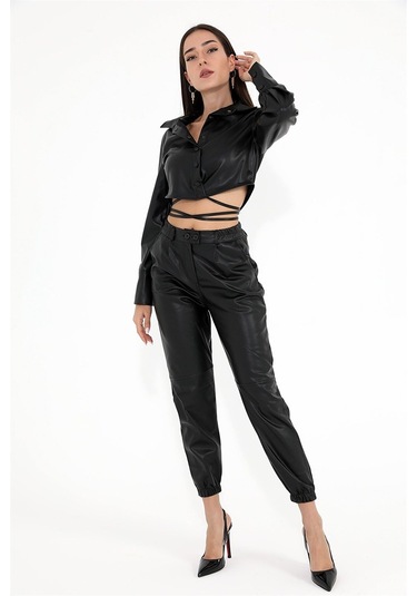 İçi Kadife Bağcıklı Kadın Kısa Deri Gömlek - Siyah-siyah Siyah