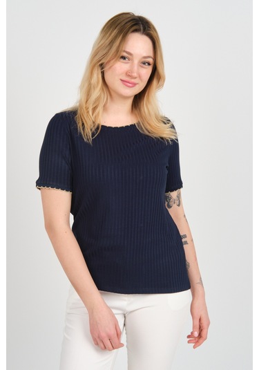 Ella Camelia Kadın Çizgili Bisiklet Yaka Kısa Kol Bluz 1e027 Lacivert Lacivert