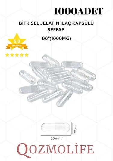 Büyük Boy Şeffaf Bitkisel Jelatin Boş Kapsülü Helal 00"1000mg 1000 Adet