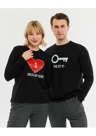 Bella Dossi Çiftlere Özel Kombin Kalbimin Anahtarı Pijama Takımı Siyah