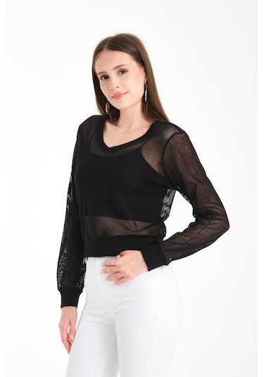 V Yaka Petek File Bluz Siyah