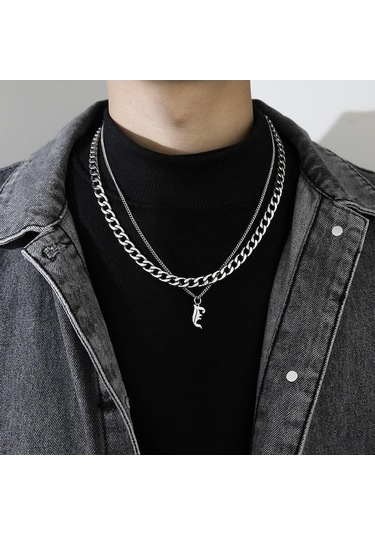 Novahub Katmanlı Erkekler Kore Tarzı Kolye Küba Mektup Kolye Erkekler Klavikula Zinciri Titanyum Çelik Kolye F Çok Renkli Çok Renkli