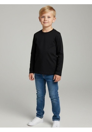 Zekids Erkek Çocuk Pamuklu Uzun Kol Basic T-shirt-16713 SIYAH