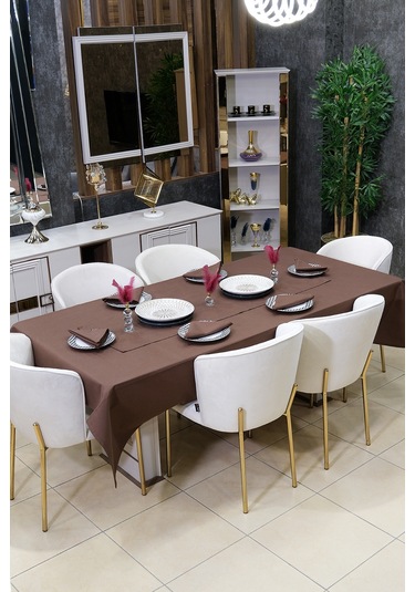 Dream 8 Parça Masa Örtüsü Seti Çeyiz Seti Salon Masa Örtüsü, Runner, 6'lı Peçete Kahverengi