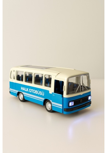 Nostaljik Halk Otobüsü 11 Cm Pilli Sesli Işıklı Kapısı Açılır Yumuşak Tekerlekli - Mavi