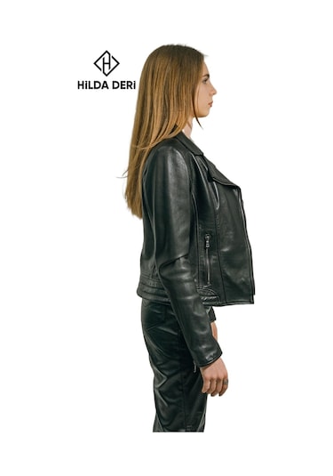 Hilda Deri Lotus Biker Tarzı Siyah Hakiki Deri Ceket 001