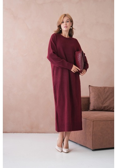 Kadın Bisiklet Yaka Yumuşak Dokulu Maksi Boy Şardonlu Oversize Triko Elbise 8324sw Bordo