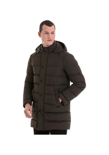 Hatemoğlu Haki Slim Fit Hakim Yaka Kapüşonlu Kaban Haki