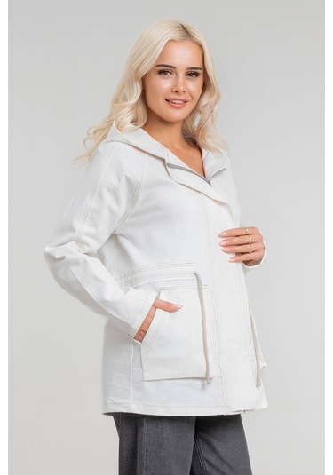 Kadın Power Likralı Pamuklu Kumaş Kapişonlu Fermuarlı Kordonlu Pis Dikişli Mont Ekru