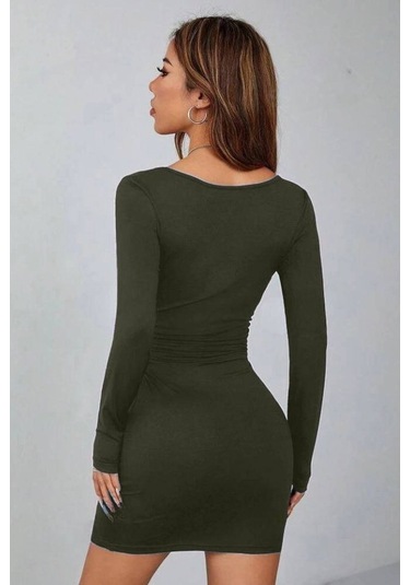 Kadın Uzun Kollu Kare Yaka Iç Göstermeyen Mini Elbise Çok Renkli