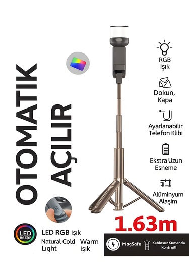 163cm Rgb Işıklı Magsafe Selfie Tripod Uzaktan Kumandalı, Tek Dokunuşla Açılan Katlanabilir