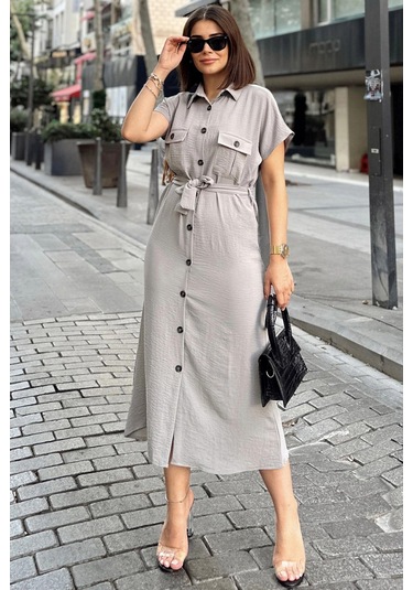 Gri/taş Kısa Kol, Gömlek Yaka, Düz Desen, Çift Cepli, Aerobin Kumaş, Kuşaklı Maxi Elbise Gri