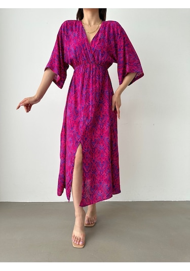 Kadın Kruvaze Yaka Yırtmaçlı Uzun Yazlık Elbise Mavi