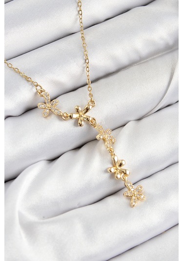 Bko10407 - 316l Çelik Zirkon Taşlı Çiçek Model Gold Renk Kadın Kolye Diğer