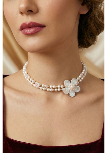 Doğal İnci Çiçek Choker Kolye
