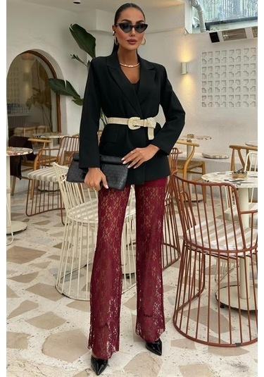 Modasize İçi Astarlı Dantel Pantolon 0081 Bordo