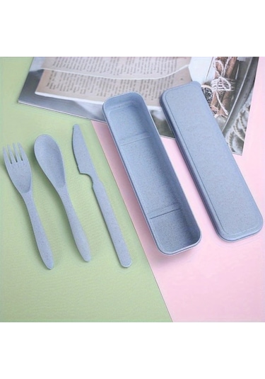 Honeybeeshop Mavi Çatal Kaşık Bıçak Seti 3ü 1 Arada Taşınabilir Kamp Ve Piknik Ürünleri Mavi