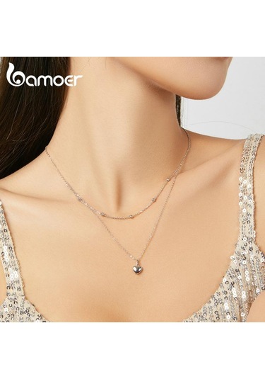 Bamoer Takı Bamoer Aşk Kalp Kadın Klavikula Zinciri Çift Zincir 925 Ayar Gümüş Boyun Takı Gümüş
