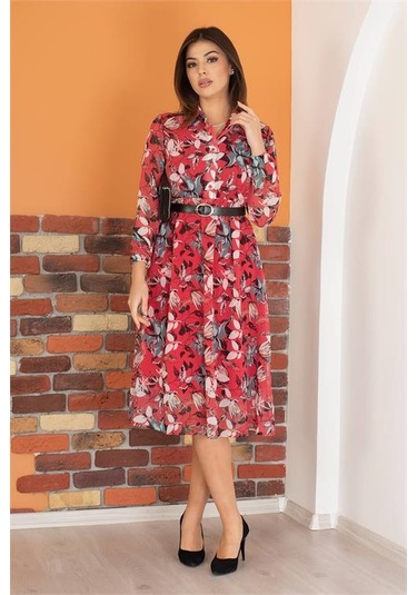 Neşeli Butik Kadın Kırmızı Kemerli Çiçek Desenli Şifon Elbise Ry0031 Bordo
