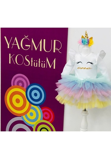 Unicorn Model Beyaz Kız Çocuk Bebek Abiye Elbise Kostüm