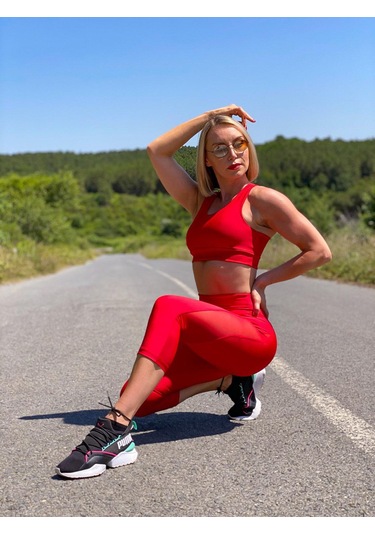 Tül Detaylı Toparlayıcı Spor Kapri Tayt Kırmızı