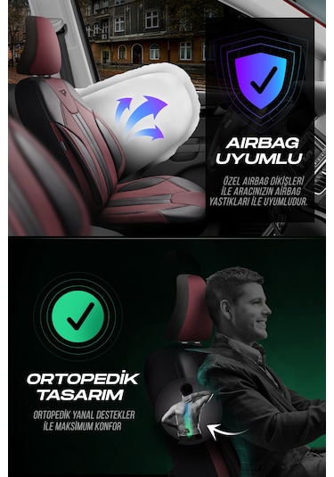 Bordo - Siyah Panda Carlone Serisi Ful Deri Oto Koltuk Kılıfı - Tam Set