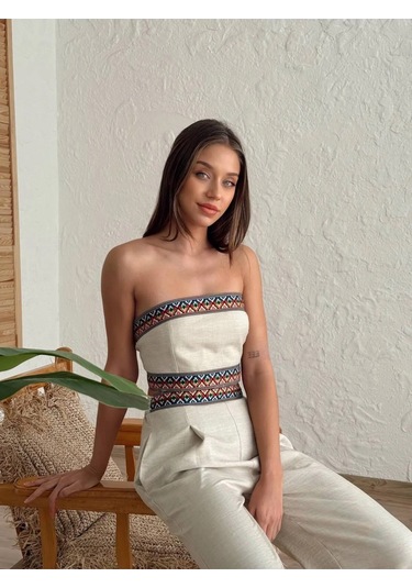 Aztek Motifli Şerit Korse Crop Cepli Lastikli Palazzo Pantolon Modern Etnik Yazlık Boho Keten Takım Bej Aztek Motifli Şerit Korse Crop Cepli Lastikli Palazzo Pantolon Modern Etnik Yazlık Boho Keten Takım Bej