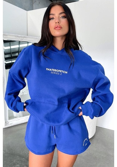 Thatsofetch Series 2 Sweatshirt - Sax Mavi Baskılı Oversize Kapüşonlu Saks Mavi
