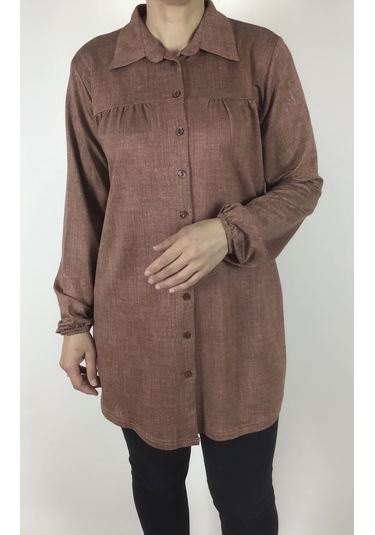 Mevsimlik Kolları Lastikli Boydan Düğmeli Gömlek Kiremit