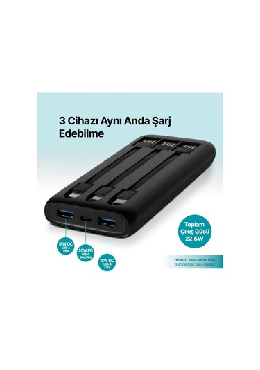 Ttec Powerslim Trio LCD 10.000 MAh PD 22.5 W Dahili Kablolu Taşınabilir Powerbank